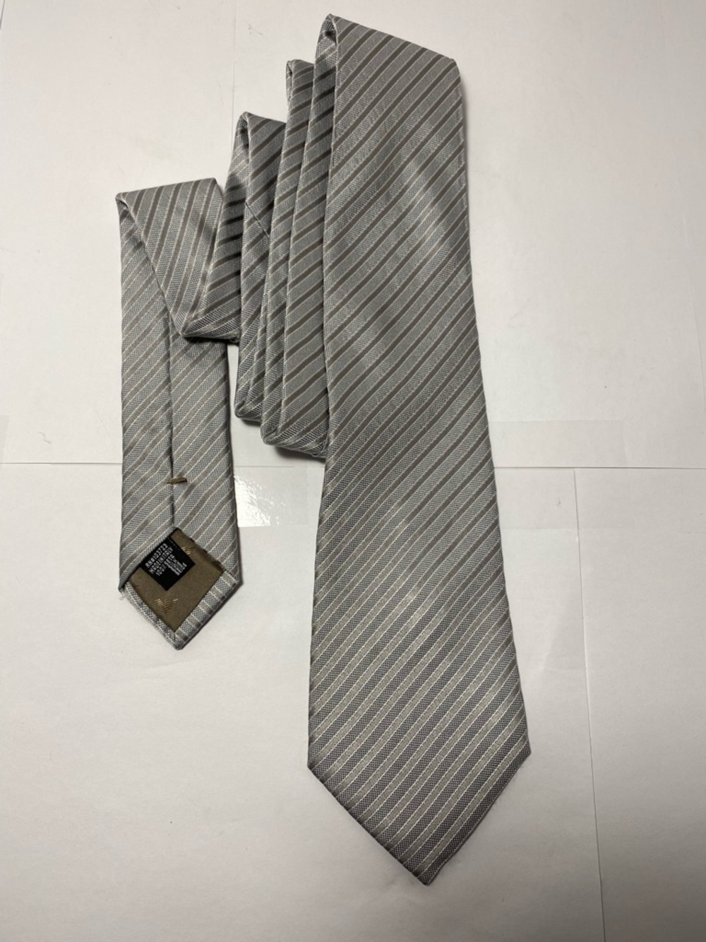 Emporio Armani Silk Tie Silver Grey Striped Made In Italy Luxury Designer Men's